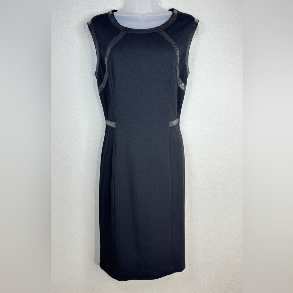 Lafayette 148 New York Black Midi Dress Black‎ Leather Trim Size 6